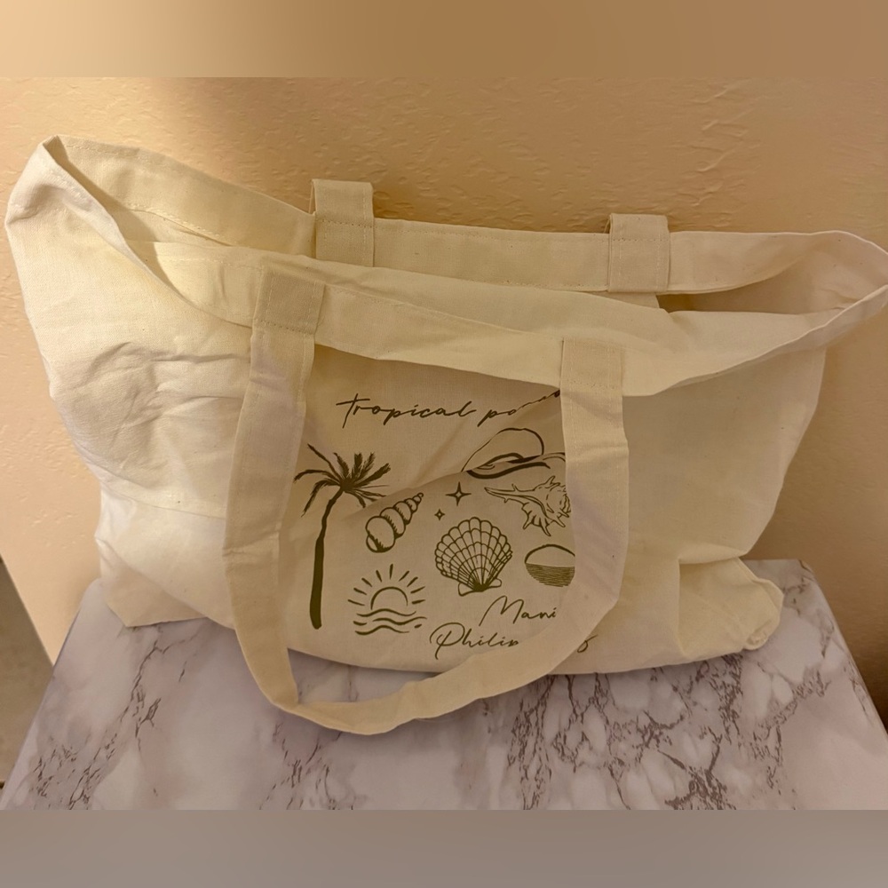 Cream Tote Bag with Tropical Print
